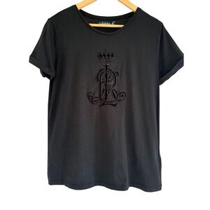 Lauren Ralph Lauren Womens Black Beaded Crest Logo T-Shirt Medium Short Sleeve